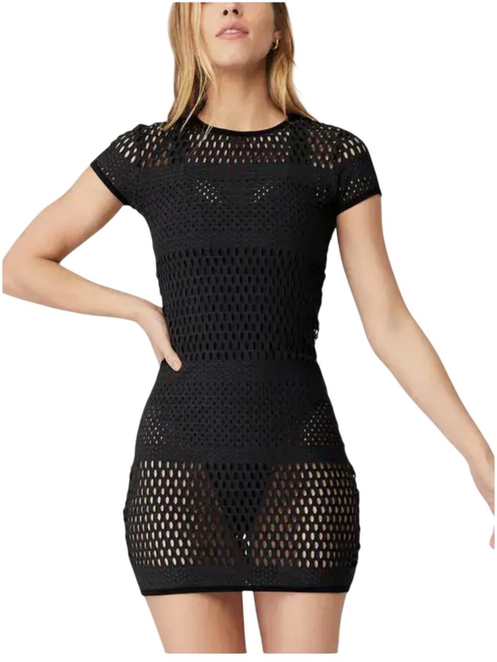 Alo Yoga Mesh Haute Summer Dress black s small mini short sleeve swim cover up m